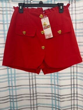 High-Waist Red Paperbag Shorts with Gold Heart Buttons